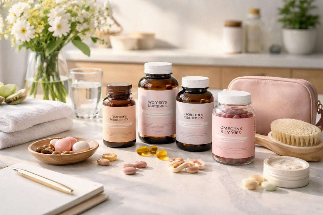 Women’s health care essentials laid out for a weekly routine