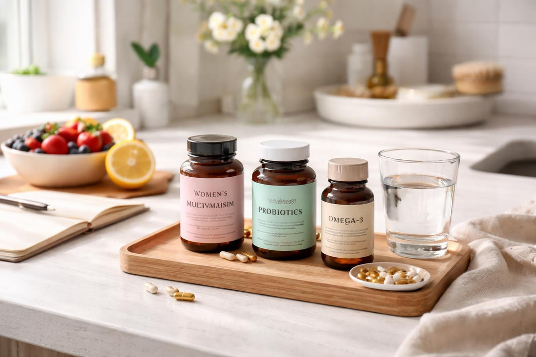 Women’s health care essentials laid out for a simple routine