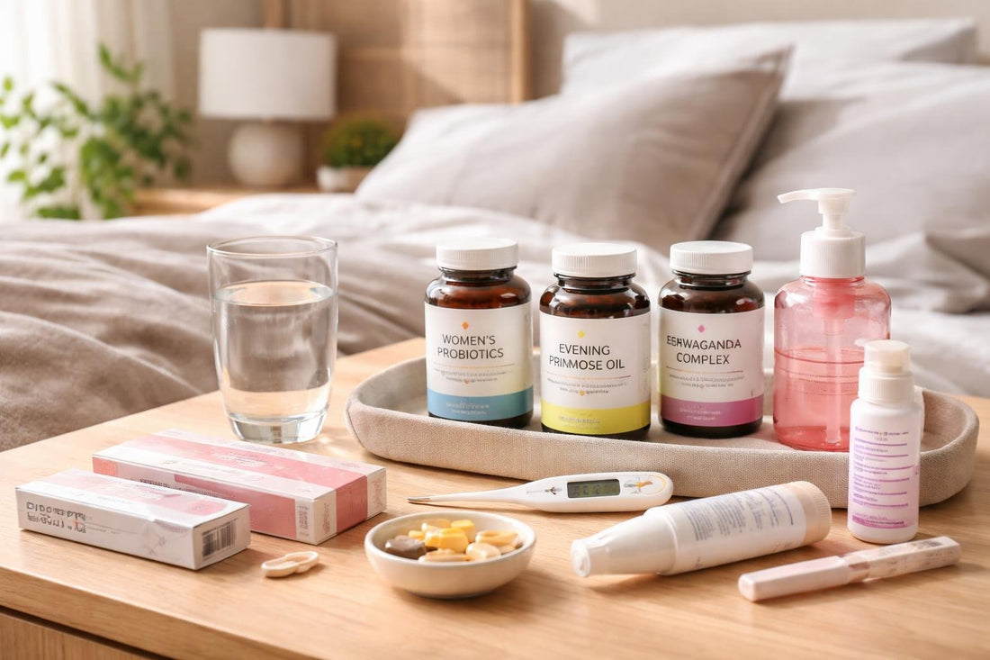 Beginner women’s health essentials laid out on a bedside table