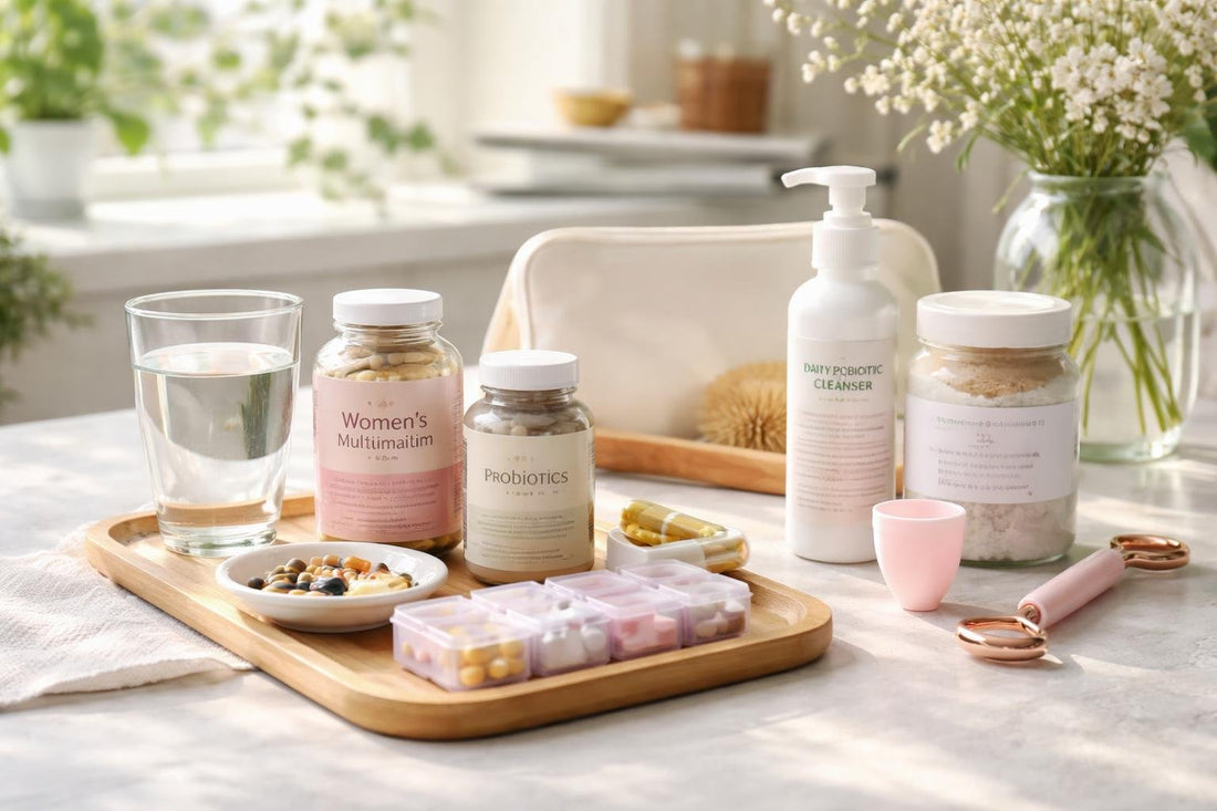 Assorted women’s health care essentials on table