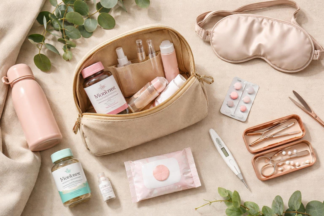 flatlay of women's health essentials kit items