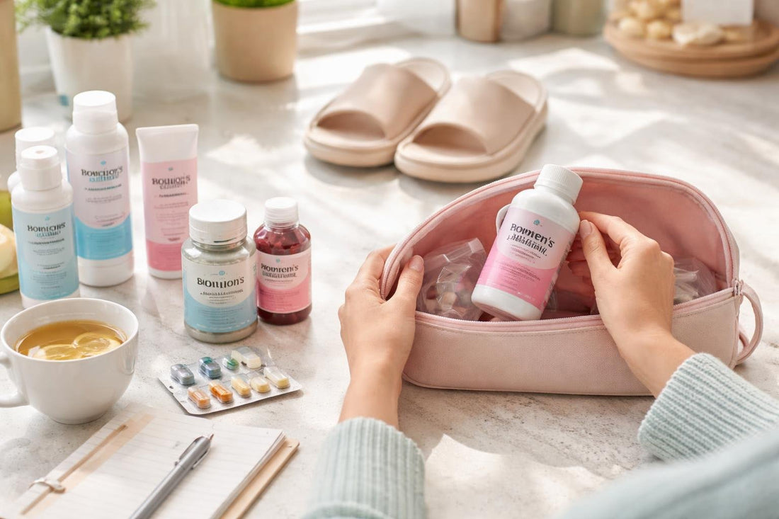 Woman checking women's health care essentials troubleshooting kit