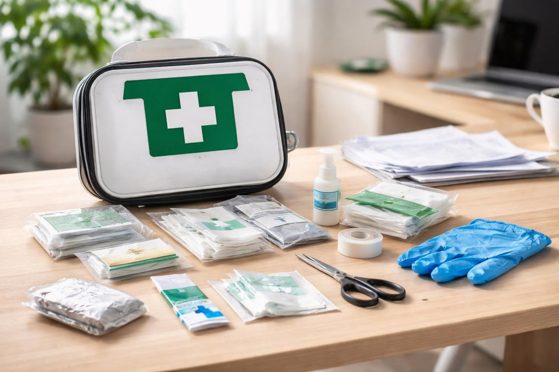 Workplace first aid kit essentials laid out for quick response