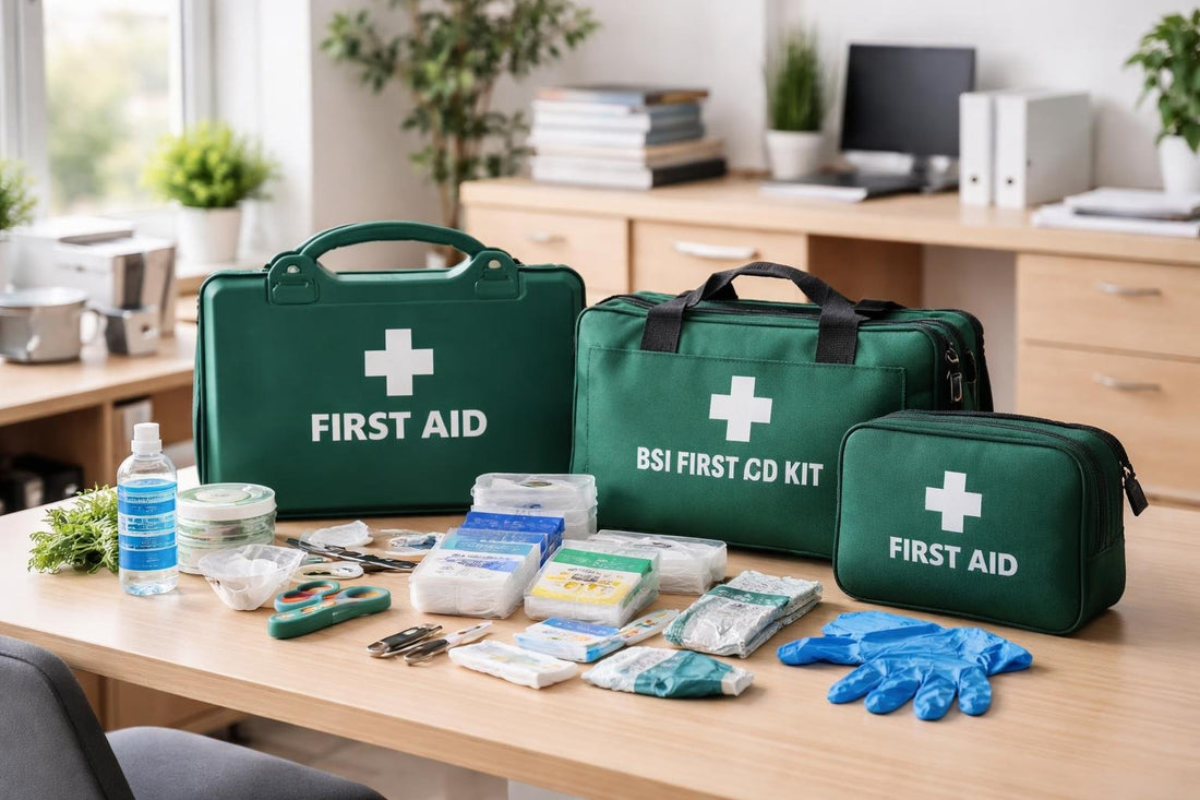 Small office workplace first aid kit collection display