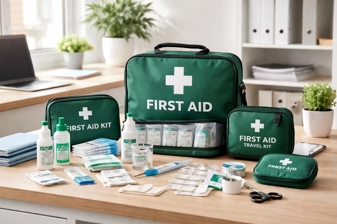 Workplace first aid kit essentials laid out for small teams