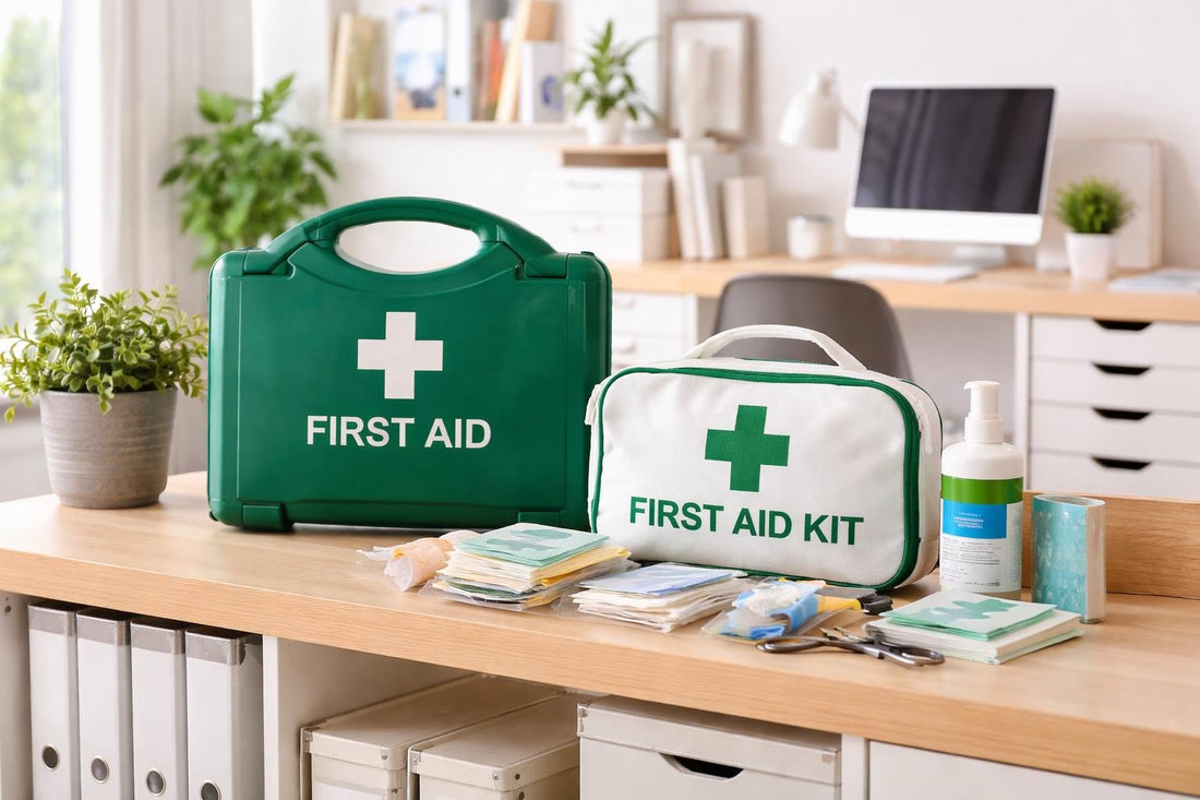 Small office workplace first aid kits on shelf