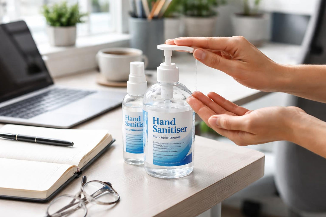 Applying hand sanitiser correctly at a workplace desk
