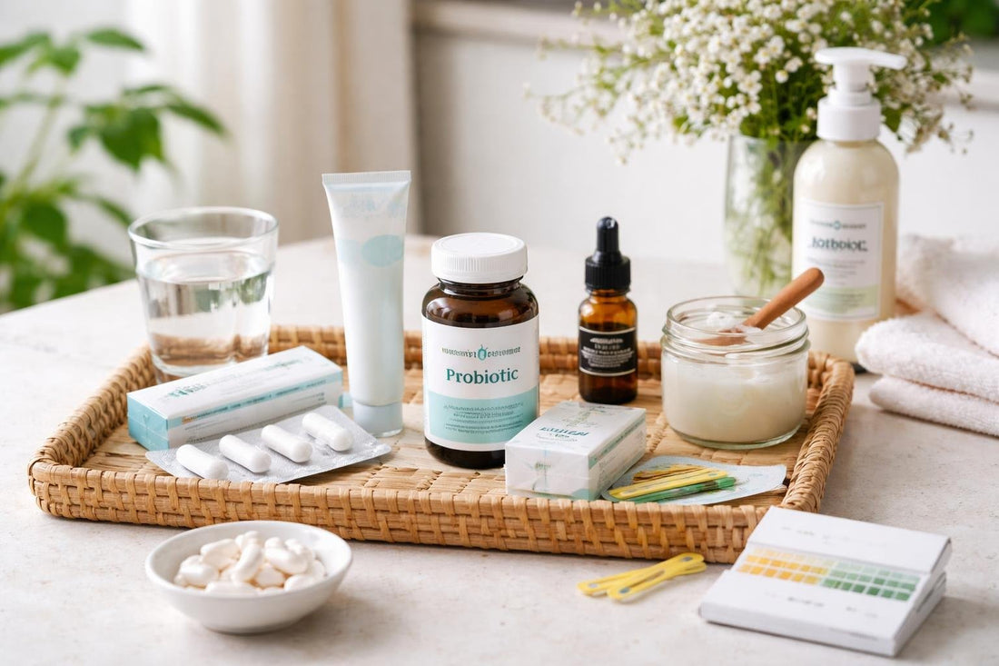 At-home yeast infection treatment portfolio essentials laid out neatly