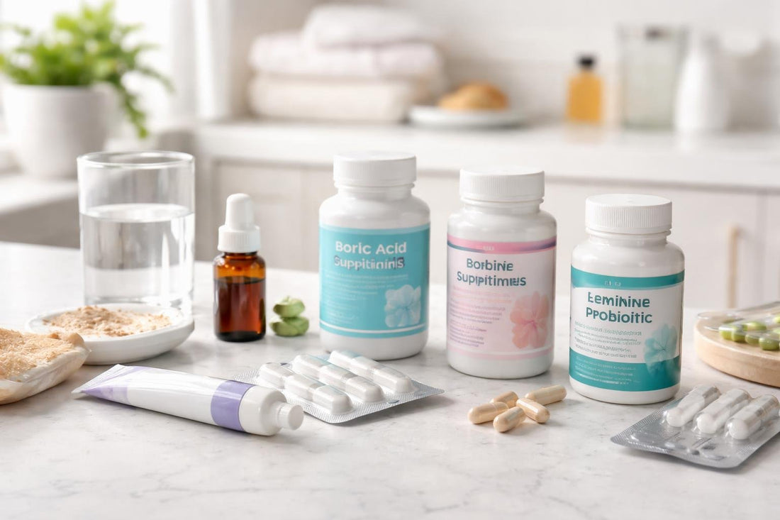 Assorted yeast infection treatments and supplements on table