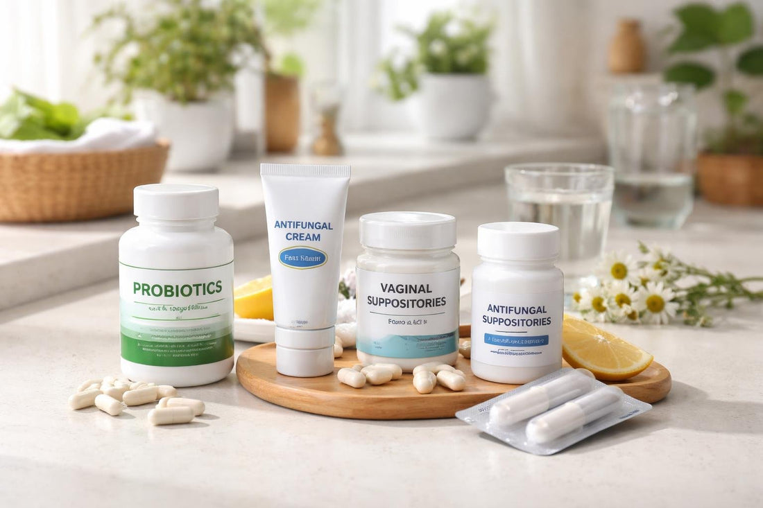 Woman with probiotics and antifungal treatment at home