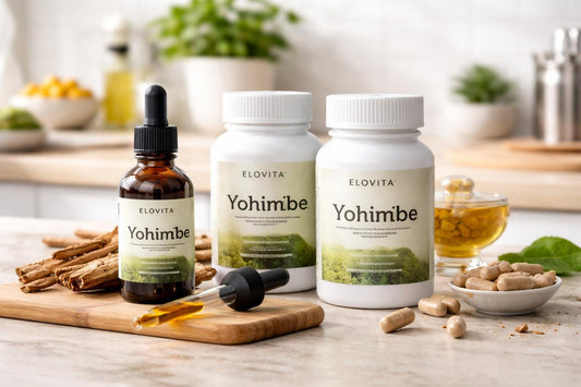 Yohimbe supplement bottles and tincture close-up