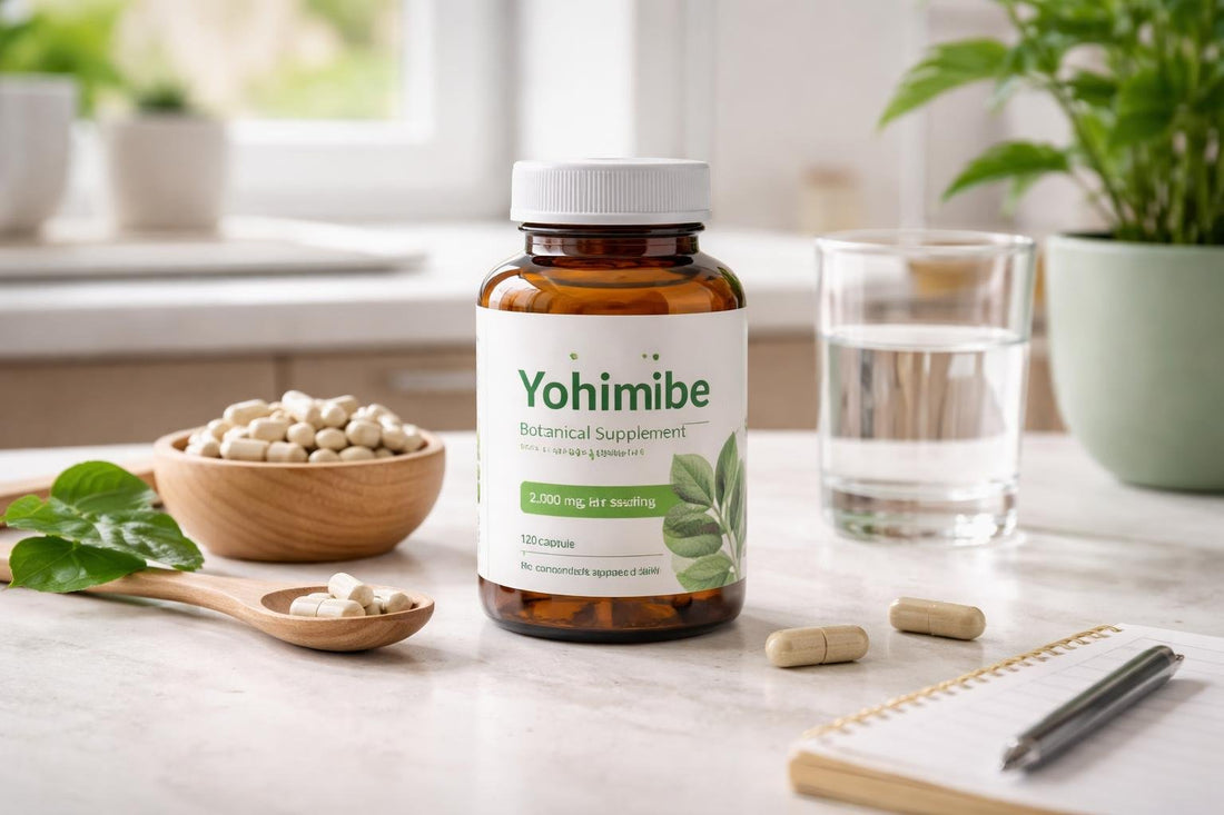 Yohimbe botanical supplement label showing strength and serving size