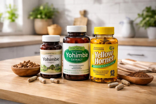 Yohimbe supplement bottles and capsules on wood