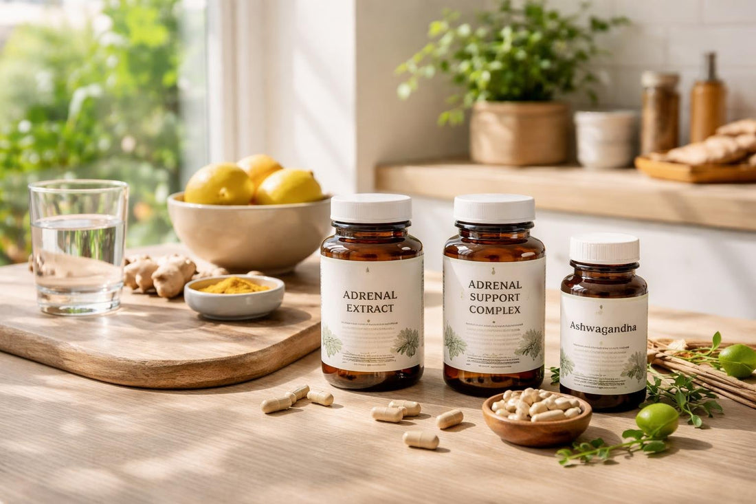Adrenal support supplements and capsules on a Yorkshire table