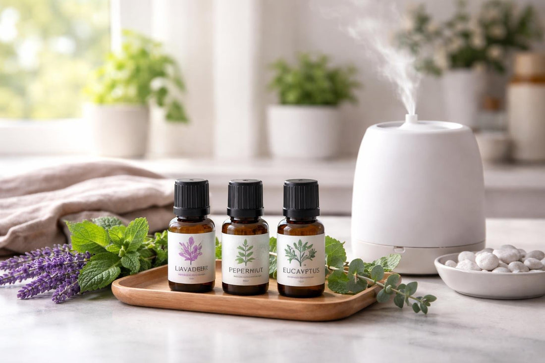 Beginner aromatherapy essential oil set with lavender peppermint eucalyptus