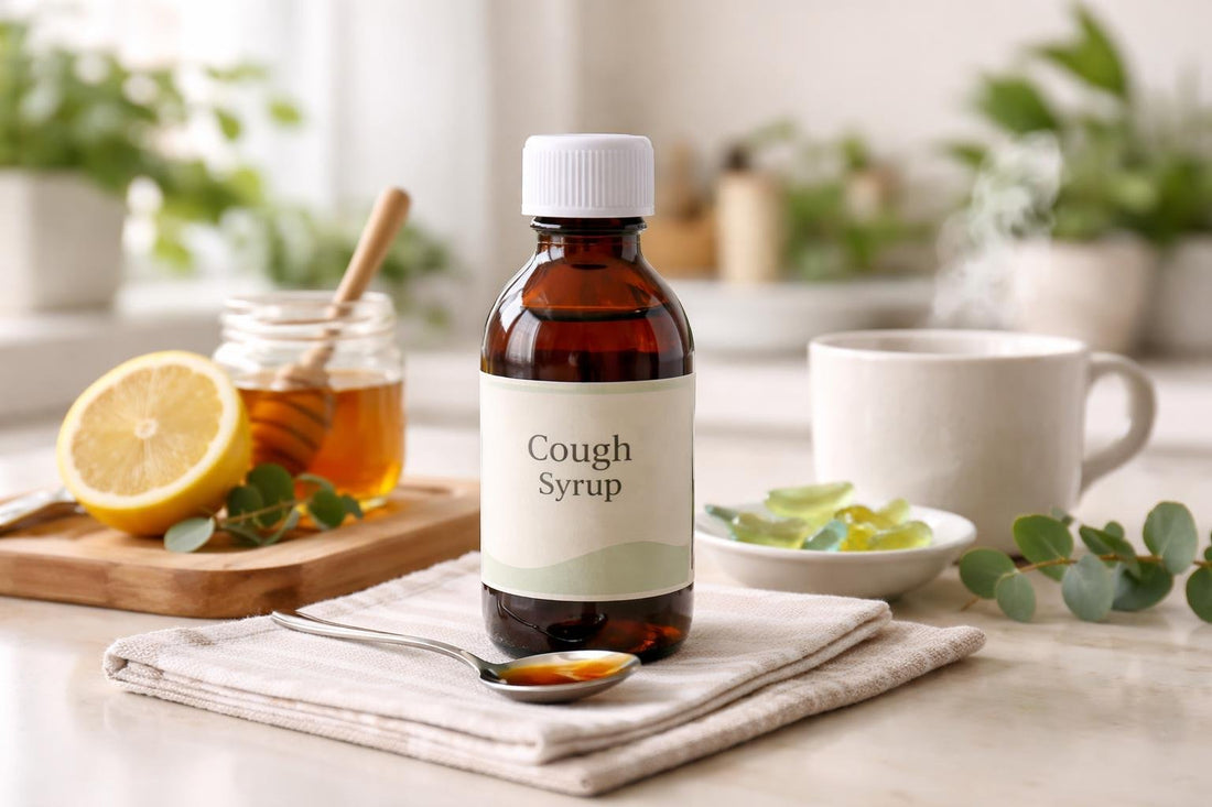 Soothing cough syrup bottle and spoon for throat comfort