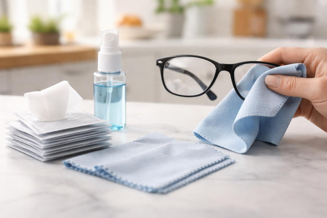 Microfibre cloth and lens wipe cleaning eyeglass lenses