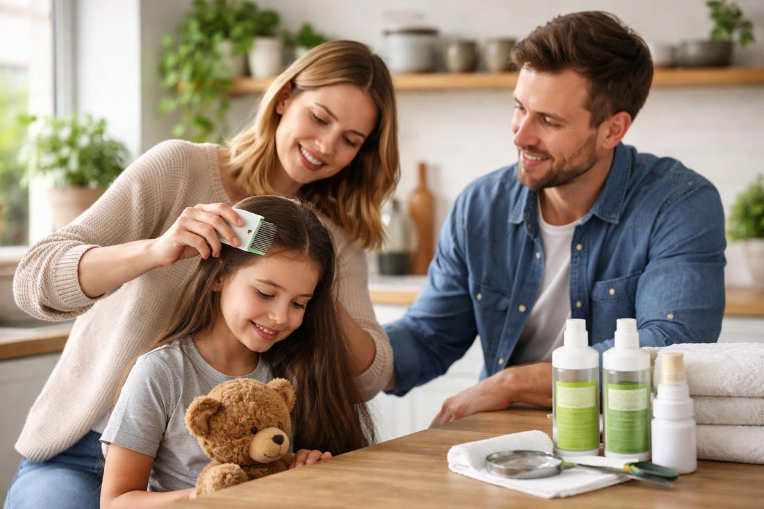 Family using nit comb at home in Yorkshire