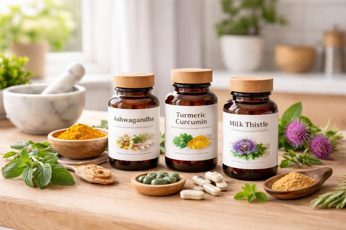 Herbal supplements bottles and leaves on Yorkshire kitchen table