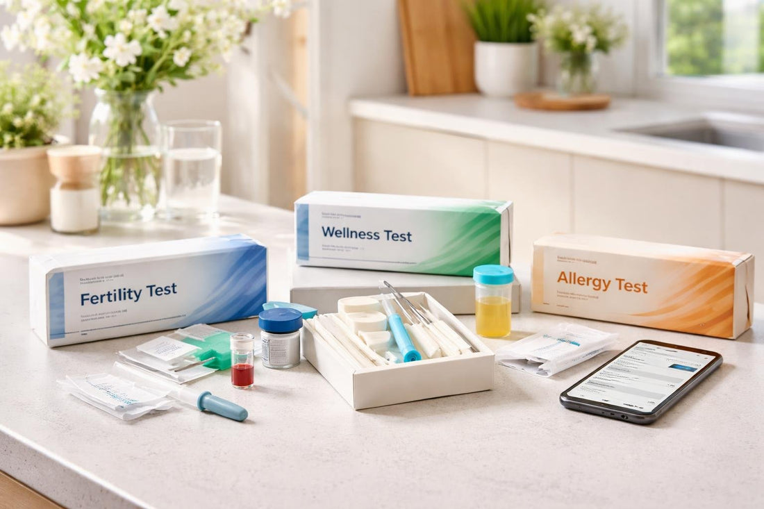 Home medical test kits laid out on a table