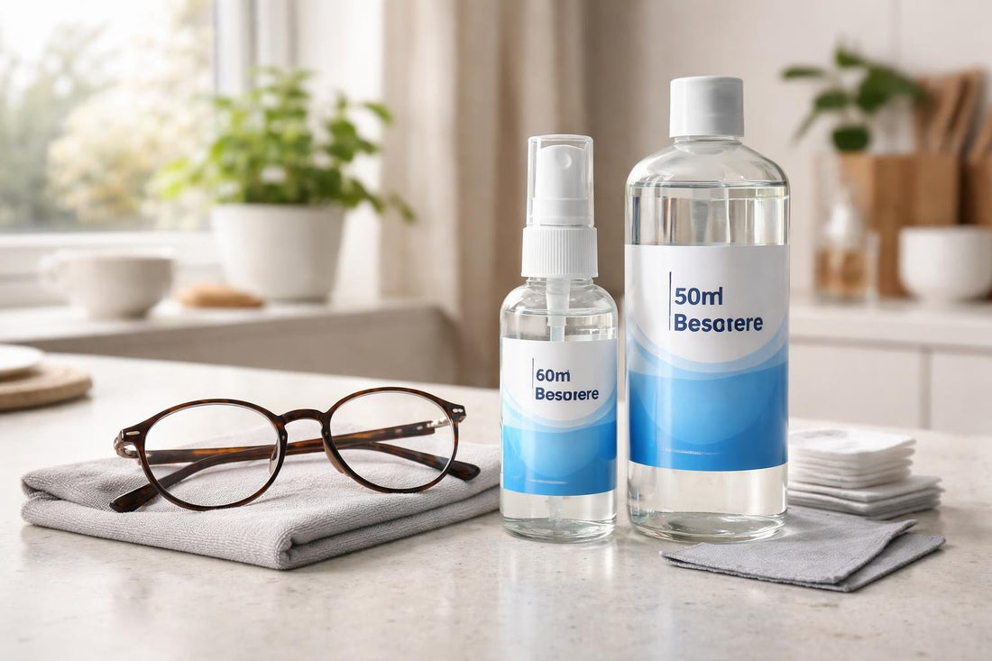 Spray and refill lens cleaner beside winter glasses