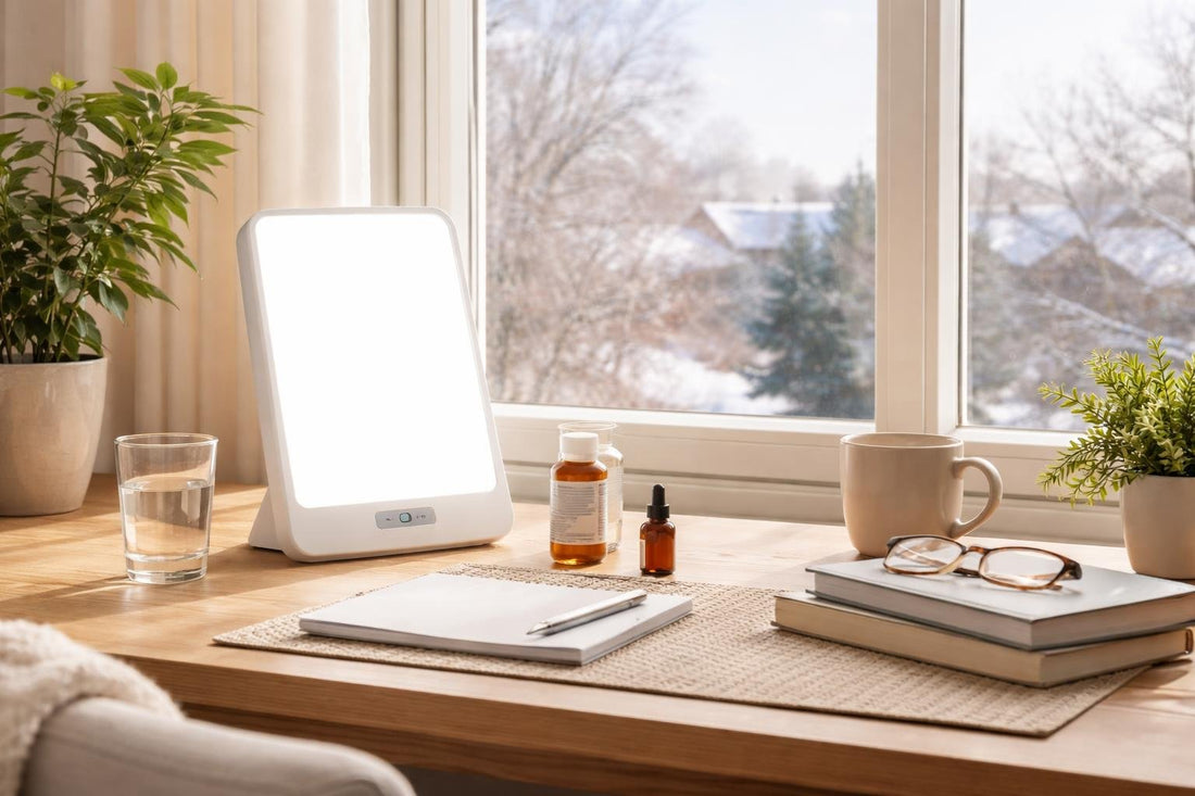 Light therapy lamp on desk during a Yorkshire winter morning
