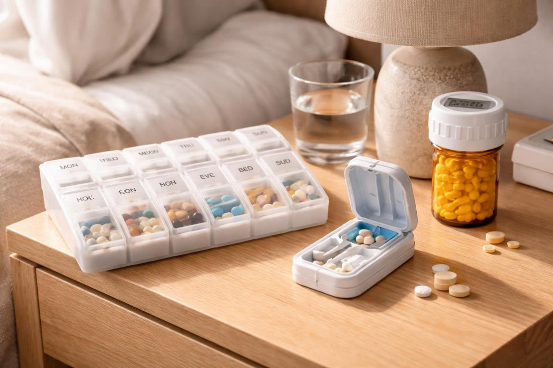 Weekly pill organiser and tablet cutter on bedside table