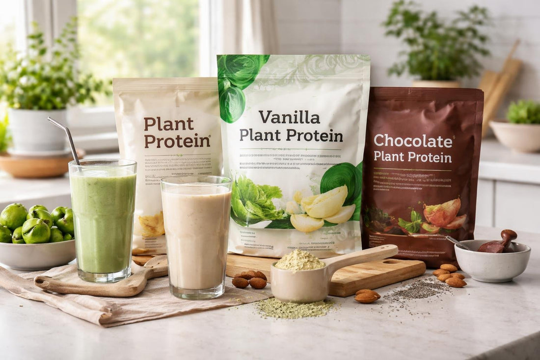 Plant protein powder shake ingredients on a Yorkshire kitchen counter