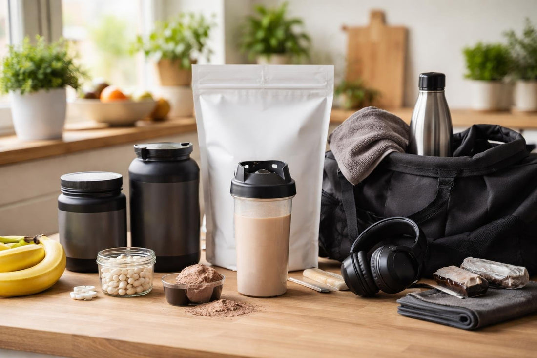 Protein shake and gym kit laid out in Yorkshire
