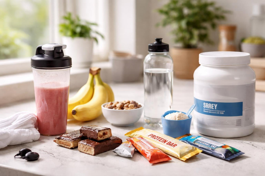 Sports nutrition snacks and drinks laid out for training