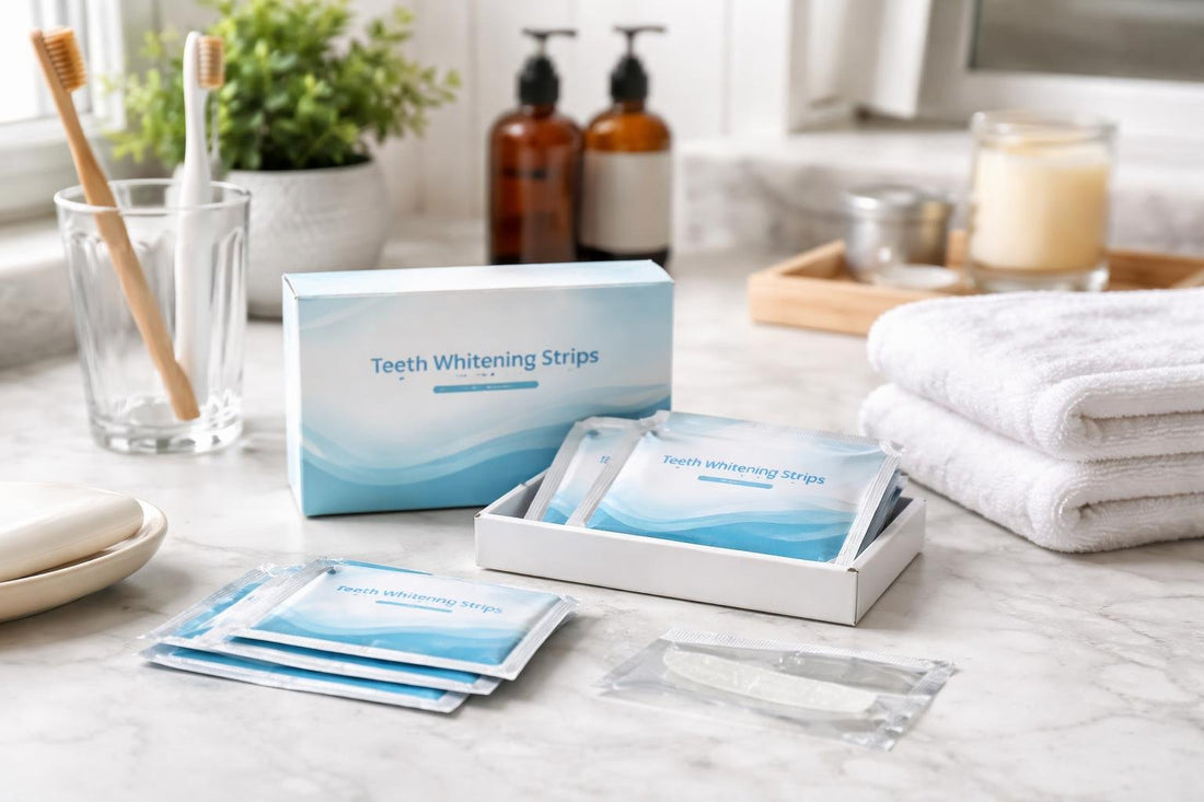 Teeth whitening strips on clean teeth in Yorkshire bathroom