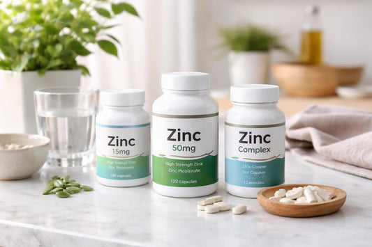 zinc supplement bottles and capsules on table