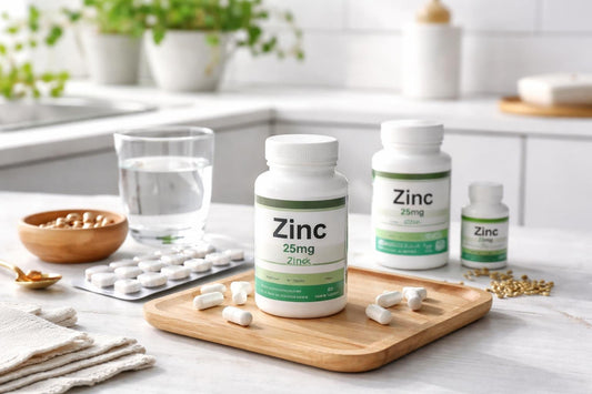 Zinc supplement capsules and label showing elemental zinc dosage