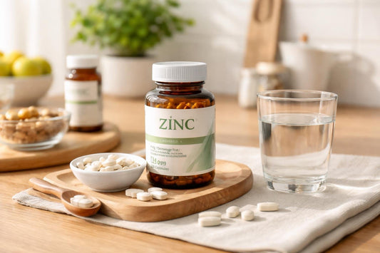 Zinc supplement tablets and capsules with label close-up
