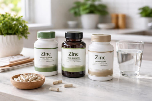 assorted zinc supplement bottles and capsules on table