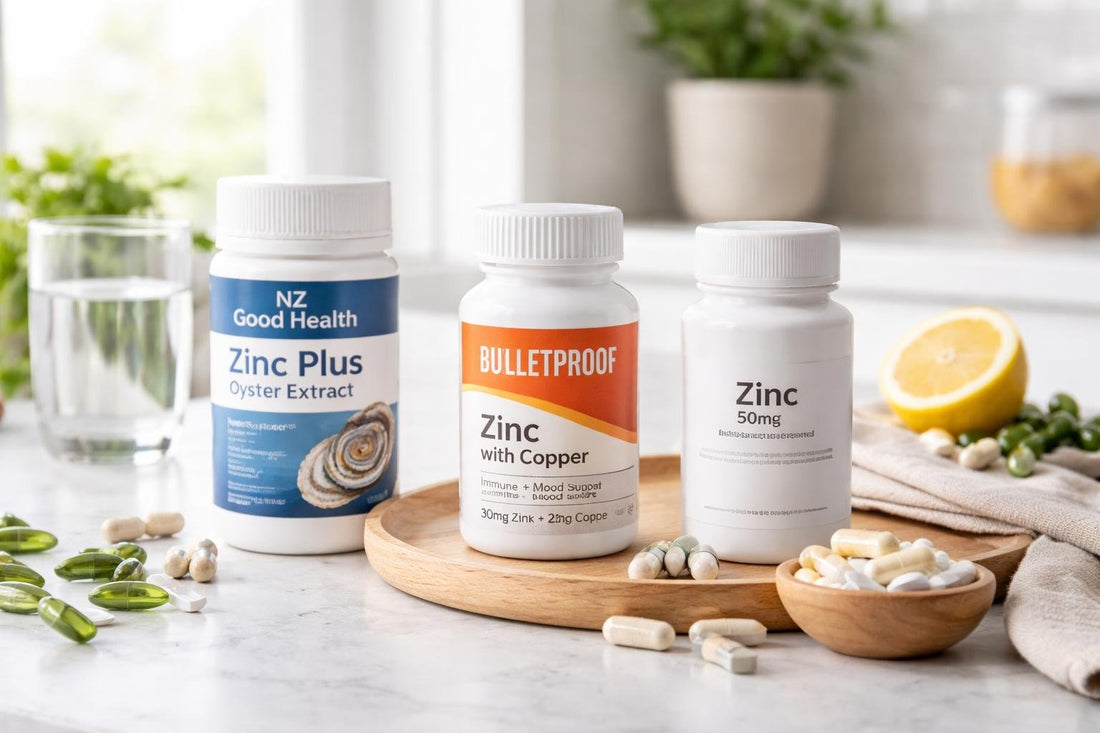 Assorted zinc supplement bottles and tablets