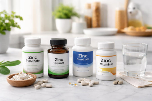 Zinc supplement bottles and capsules on a kitchen counter