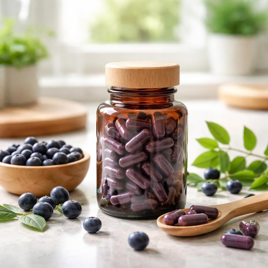 Bilberry herbal capsules with anthocyanin-rich berry extract
