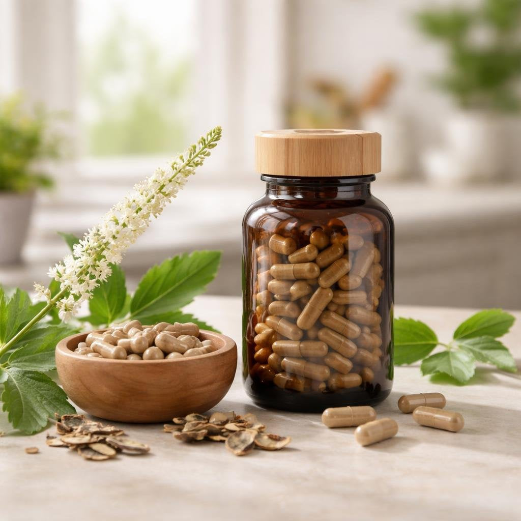 Black cohosh capsules and herbal extract bottles displayed