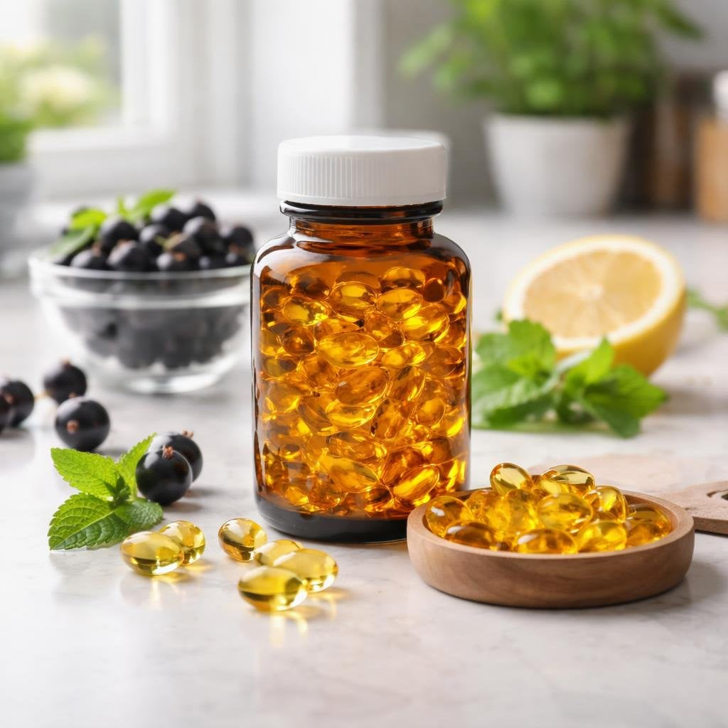 Black currant oil softgel capsules in a bottle