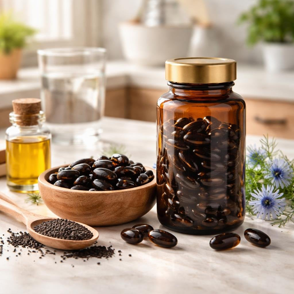 Black seed oil softgels with dark glass bottle
