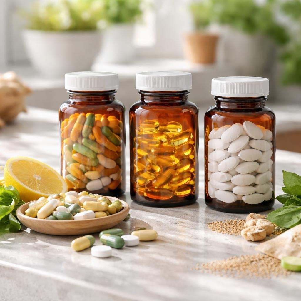 Blended multivitamin and mineral supplements in assorted bottles