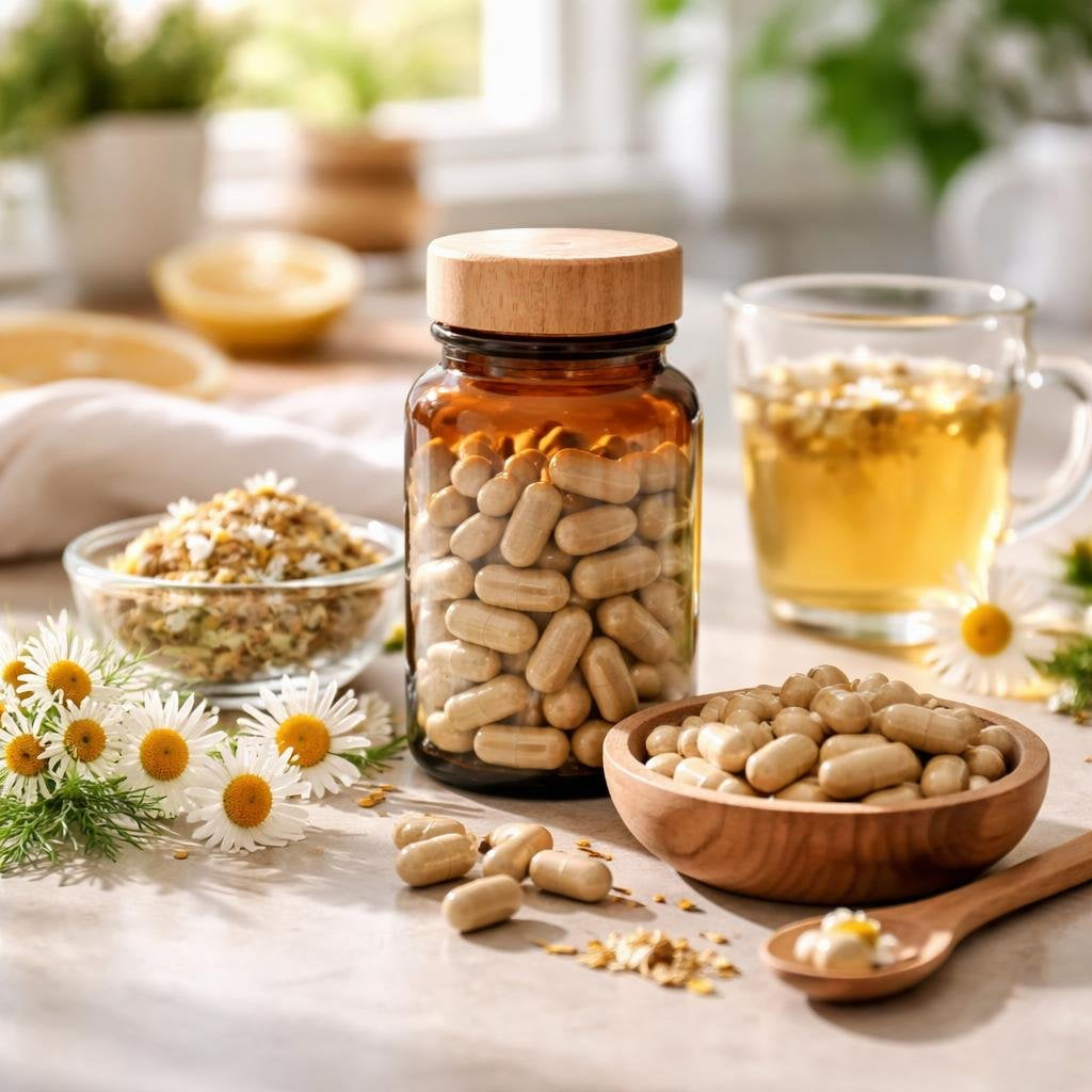 Chamomile supplement capsules with dried chamomile flowers