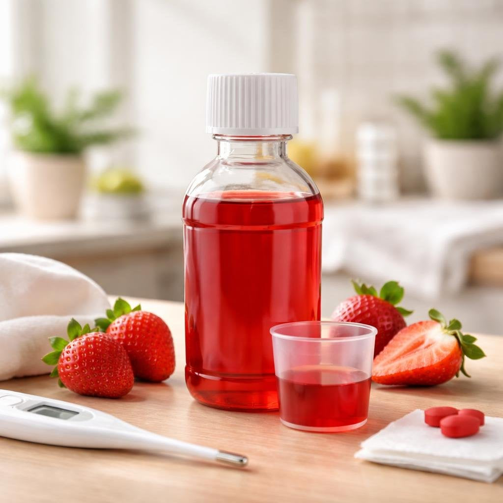 Children’s paracetamol acetaminophen bottles with dosing syringe