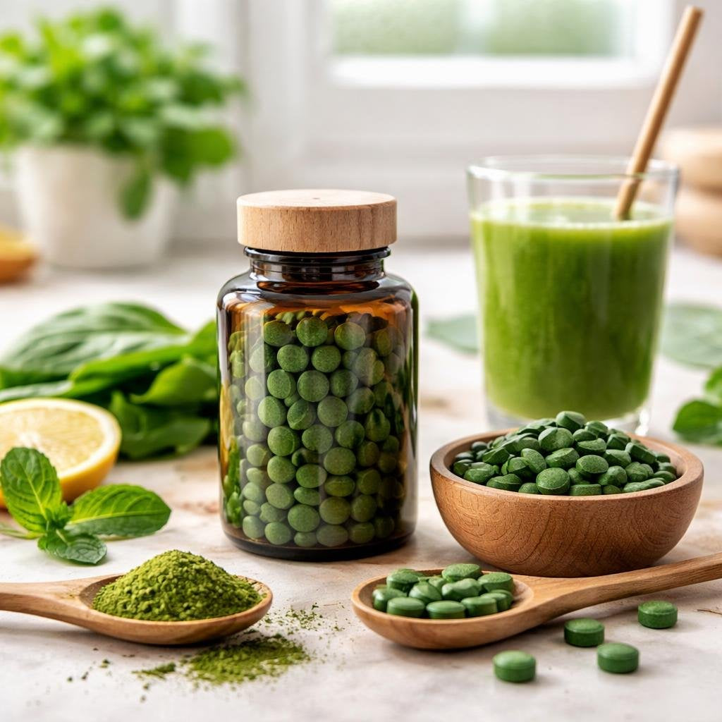 Chlorella tablets and powder herbal supplement collection