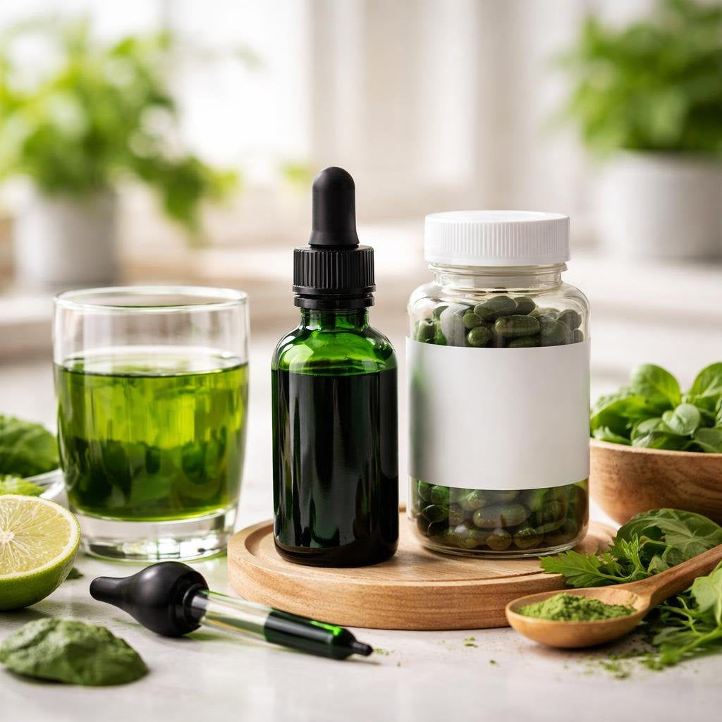 Chlorophyll liquid drops and capsules for daily wellness