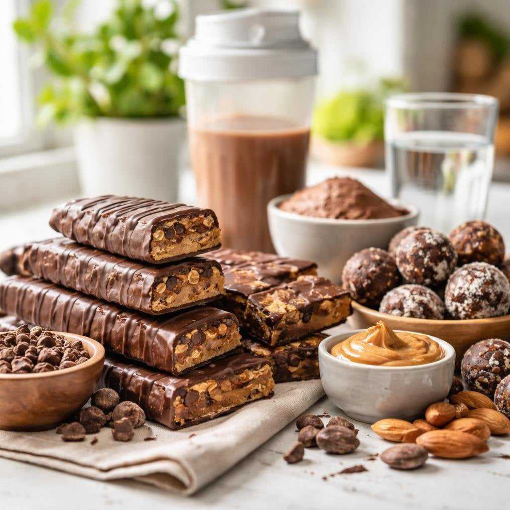 Chocolate and carob sports nutrition bars selection