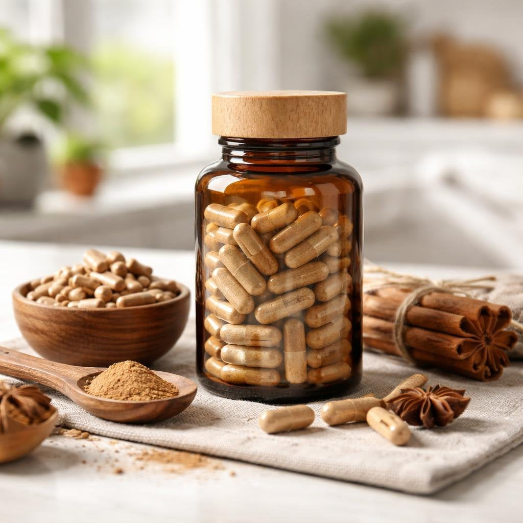 Cinnamon herbal supplement capsules with cinnamon bark