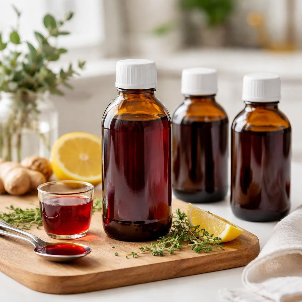 Cough syrup bottles for dry and chesty cough relief