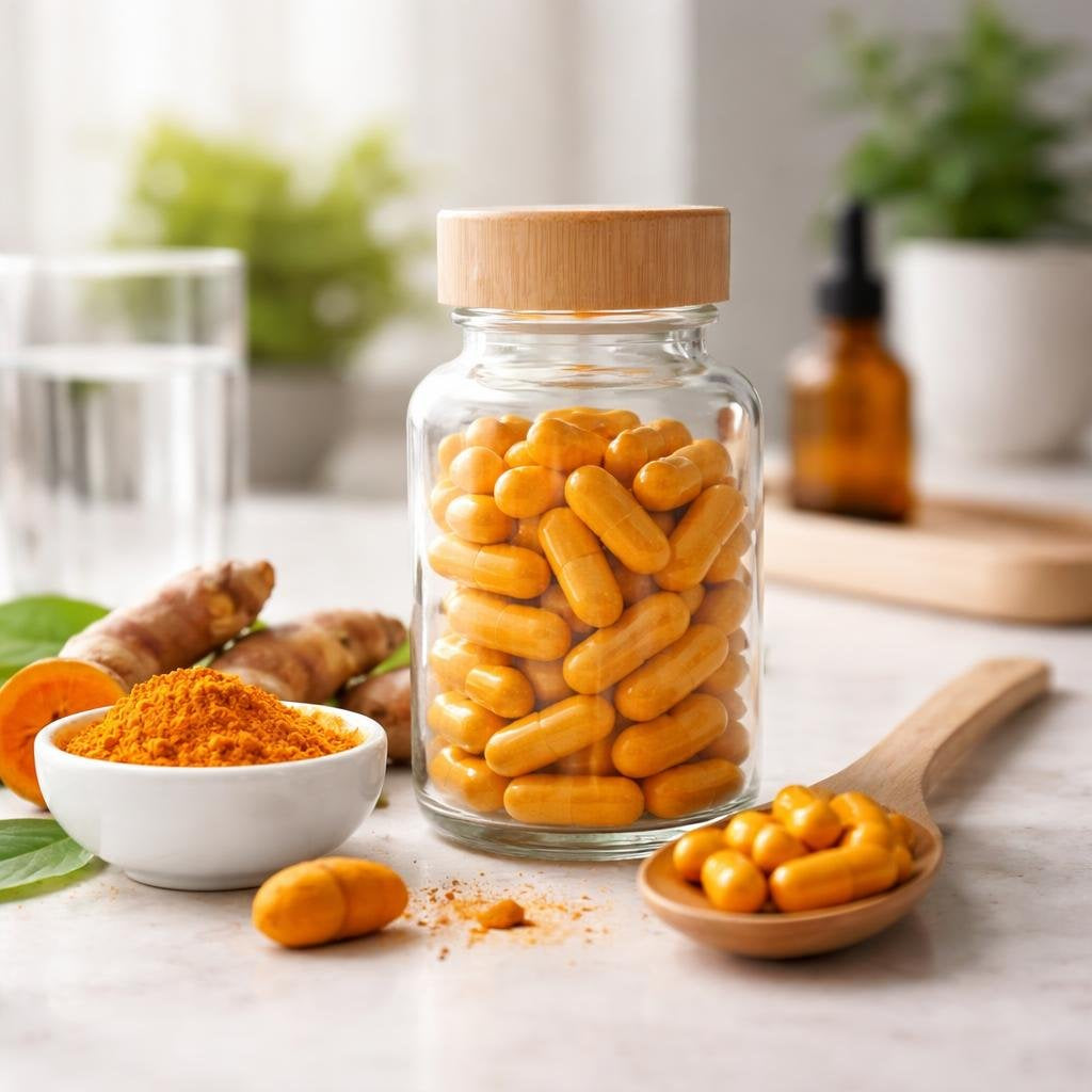 Curcumin turmeric supplement capsules with piperine support